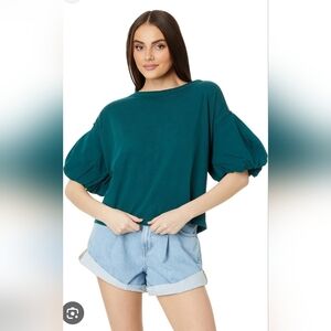 Free People We The Free Blossom Tee Teal Green Puff Sleeve Size XS Junebug